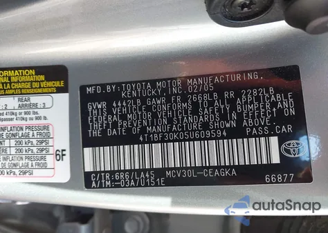 2005 Toyota Camry Xle V6 из США, поврежденный, VIN 4T1BF30K05U609594